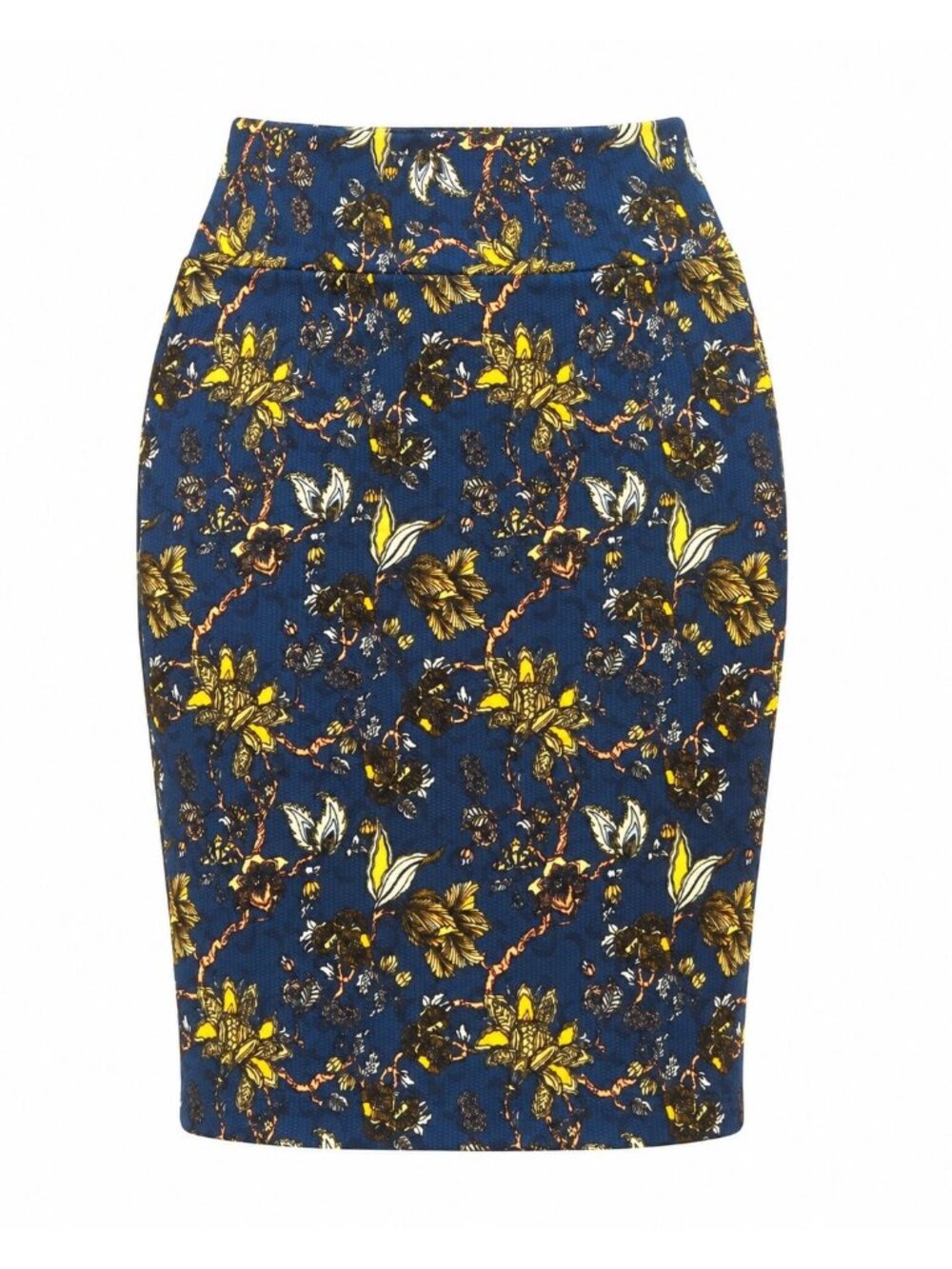 LuLaRoe L Navy Yellow Floral Cassie Pencil Skirt Stretch Knee Length Office Boho